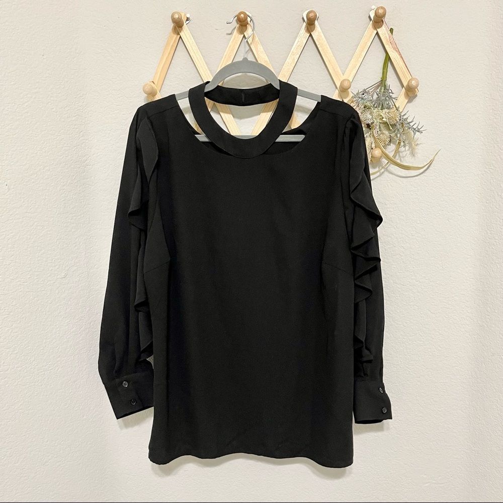 Eloquii Black Ruffle Longsleeve Keyhole Blouse 18